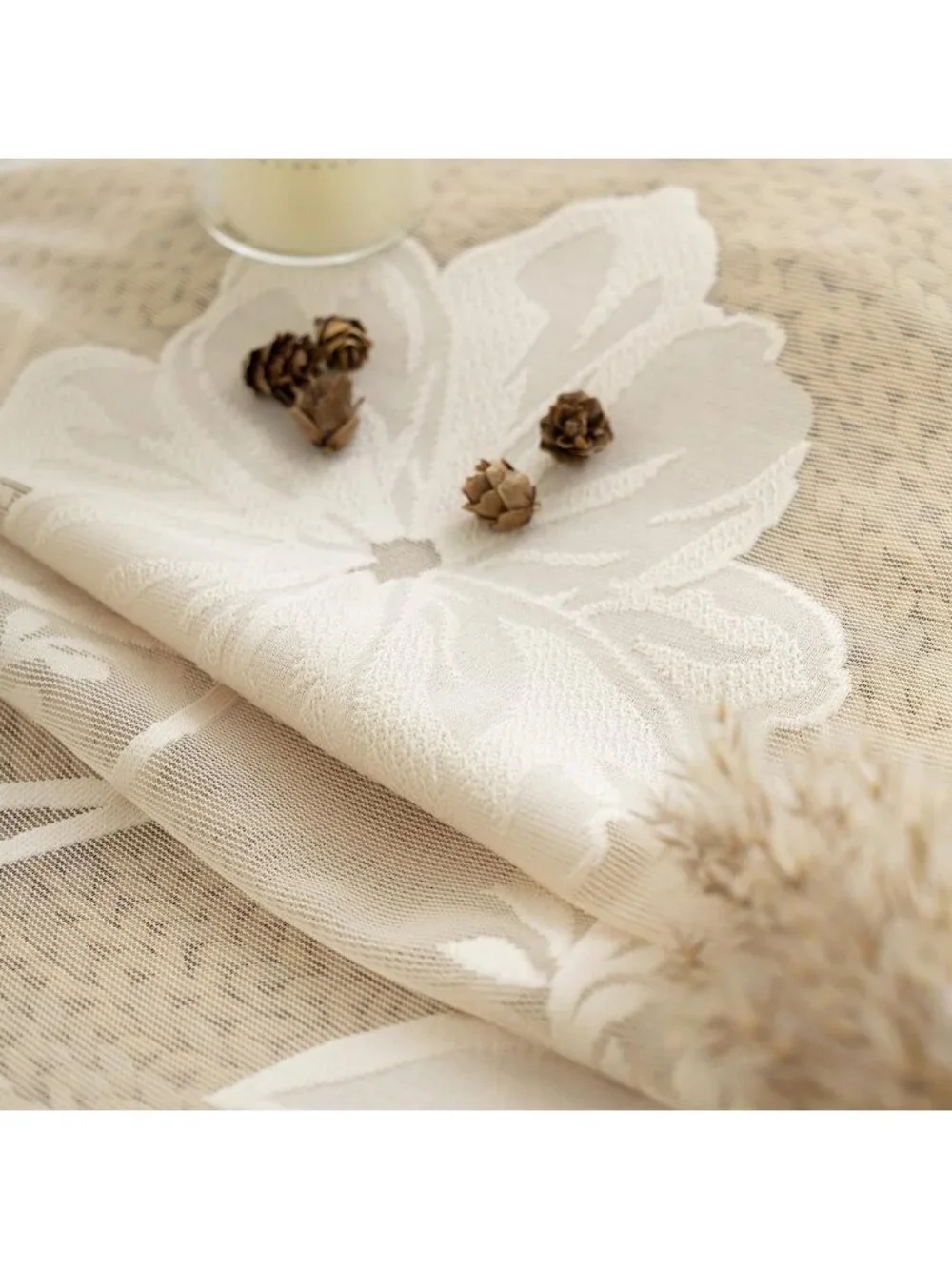 Elegant Sheer Lace Curtains, Beige Scalloped Design, 84